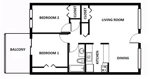 2 Bed - 1 Bath - 850 sqft